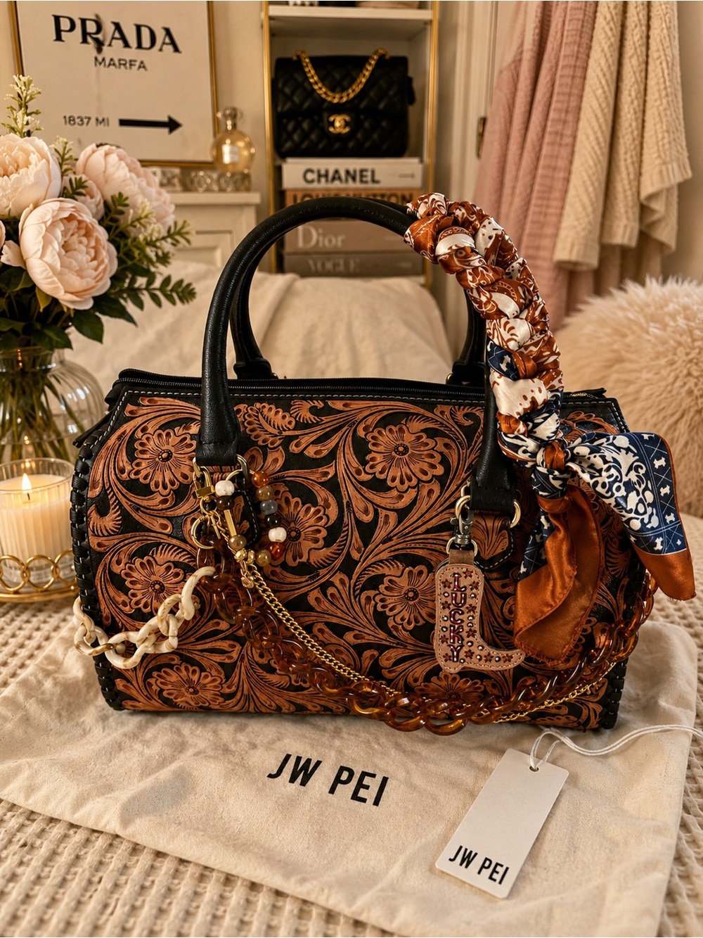 Women's Burnt Orange Floral Embossed Tote Bag